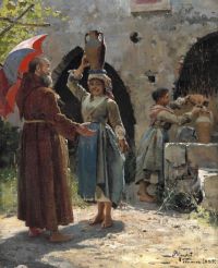 Monsted Peder Ein Mönch grüßt ein Mädchen mit einem Krug Wasser Taormina 1885