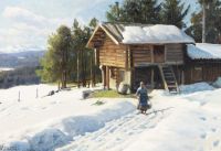 Monsted Peder A Norwegian Wintry Landscape With A Woman Near A Log Cabin 1934 canvas print