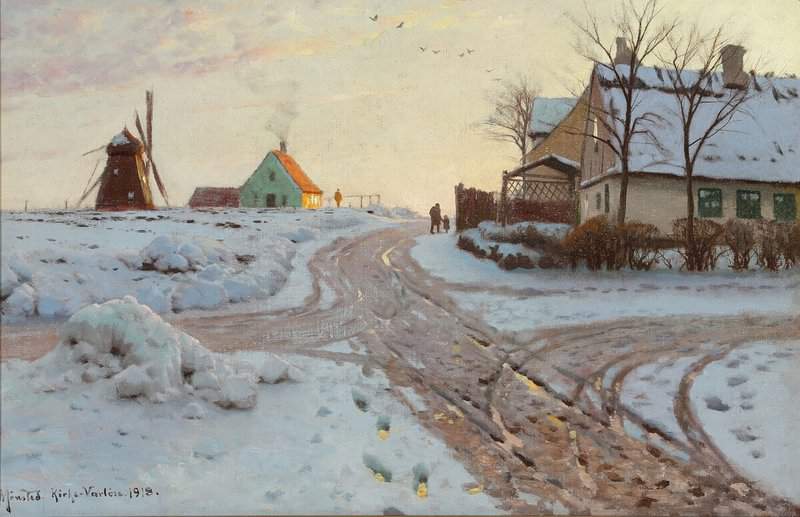 Monsted Peder A Snowcovered Landscape With A Mill Near The Village Kirke V Rlose 1918 canvas print