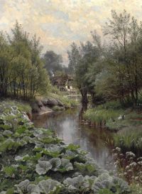 Monsted Peder Ein Frühlingstag im Wald an einem Bach. Im Vordergrund Dock Blätter und Enten mit Küken. Im Hintergrund eine Wassermühle 1911