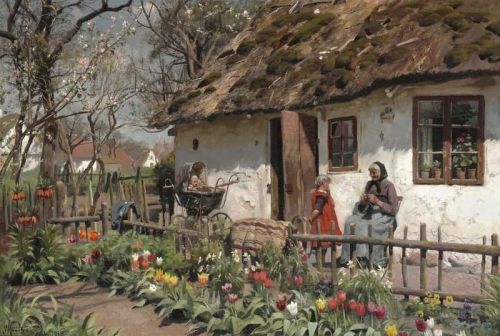Monsted Peder A Spring Day Outside A Thatched Farmhouse With An Elderly Woman Knitting And Her Grandchildren By Her Side. The Garden Is In Bloom With An Abundance Of Colourful Tulips 1915 canvas print
