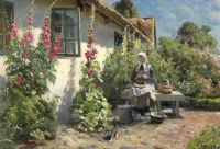 Monsted Peder A Summer Day In Front Of A Thatched Old Farmhouse With Hollyhocks And An Elderly Woman Peeling Peas 1931 canvas print