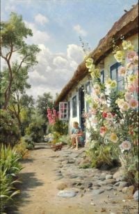 Monsted Peder A Summer Day With Hollyhocks In Front Of The Farm House 1935