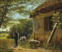 Monsted Peder Reetdachhaus mit einem Jungen und zwei Schafen davor 1877