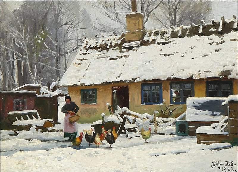 Monsted Peder A Winter Day In Brondbyvester. A Woman Feeding The Hens 1923 canvas print