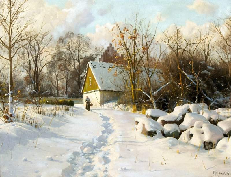 Monsted Peder A Winterscape With Church And Woman 1920 canvas print