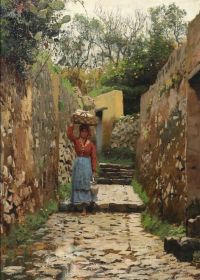 Monsted Peder A Woman In A Narrow Street 1883 canvas print