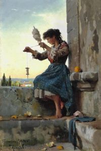 Monsted Peder A Young Italian Woman Is Spinning Wool On A Balcony In Taormina 1885 canvas print