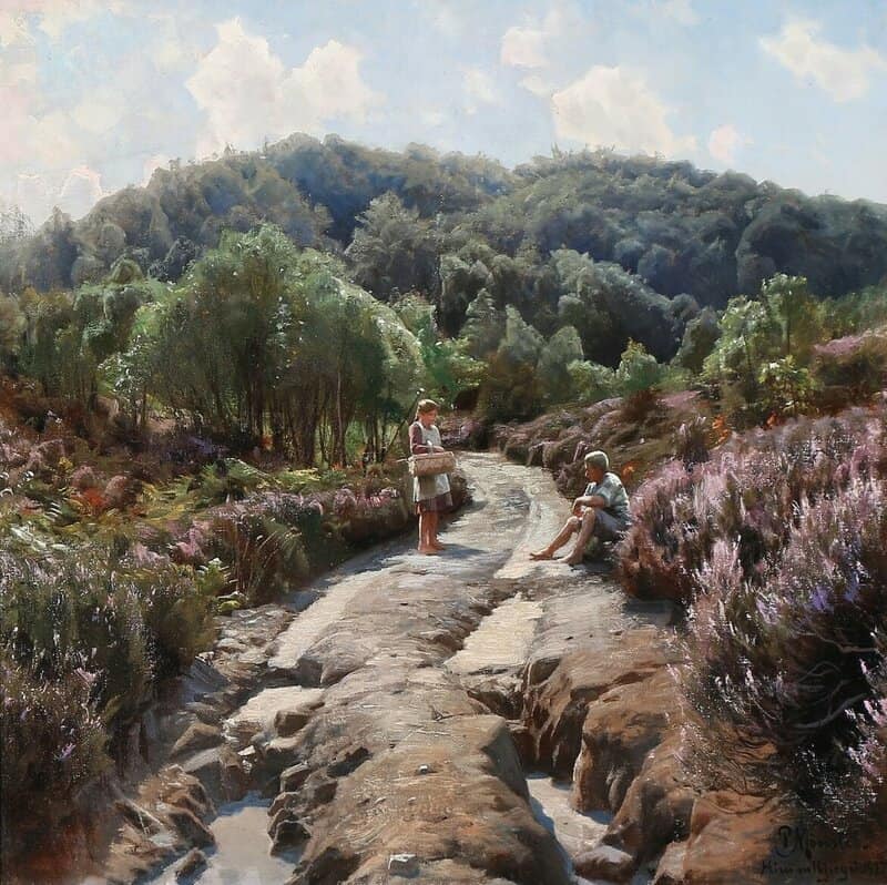 Monsted Peder A Young Woman Chatting To A Young Man On A Sunlit Path 1927 canvas print