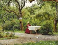 Monsted Peder Eine elegante Frau in einem roten Kleid, die an einem Kaffeetisch im Garten sitzt, 1890