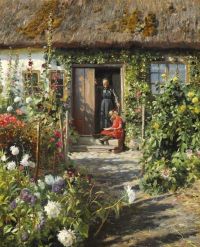 Monsted Peder An Old Farmhouse With Grandmother Standing In The Door And A Little Girl 1919