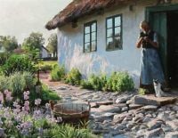 Monsted Peder An Old Woman Knitting In The Doorway 1923