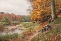 Monsted Peder Autumn Day In The Forest Red Deer By A Lake