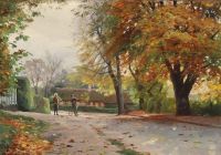 Monsted Peder Autumn View From A Village With Two Boys Talking On The Street 1931