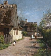 Monsted Peder Children Watching The Chickens On A Sunny Village Road 1915 canvas print
