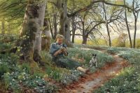 Monsted Peder أوائل الربيع في الغابة. فتاة تجلس في أرضية الغابة مع باقة من شقائق النعمان 1898