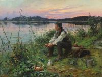 منظر بحيرة مونستيد بيدير المسائي مع رجل عجوز يصطاد السمك 1890