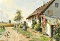 Monsted Peder Flowering Hollyhocks In Front Of A Farmhouse