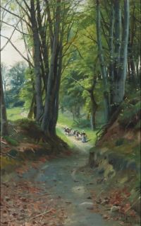 Monsted Peder Forest Scenery With A Woman And Her Cows 1922