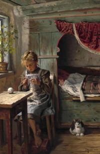 Monsted Peder Interior From A Peasant S House With A Young Girl Crocheting By The Window 1905