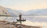 Monsted Peder Mountainous Lake View With A Fishing Boat Close To The Shore canvas print