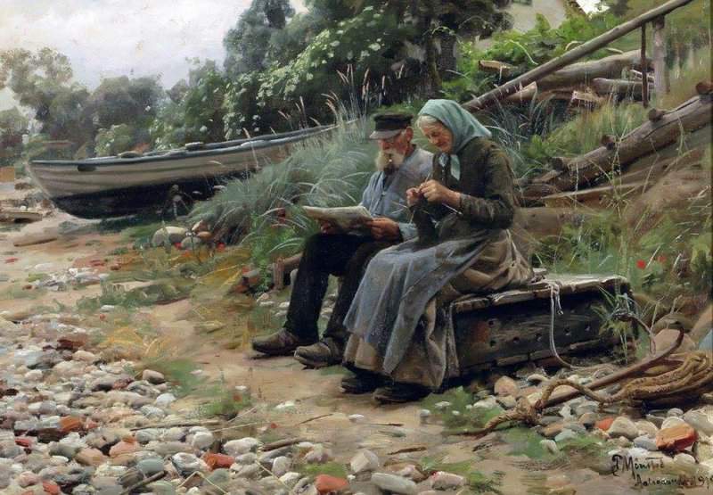 Monsted Peder Old Peasant Couple Sitting On The Shore 1919 canvas print
