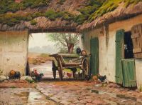 Monsted Peder Geflügel versteckt sich vor dem Regen in einem Bauernhaus in Tystrup 1918