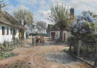 Monsted Peder Pring Day In Lundby. A Shepherd Lad Leads Two Cows Through The Village canvas print