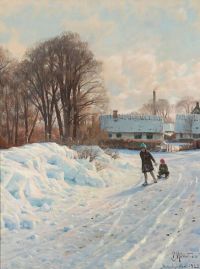 Monsted Peder Sleighriding Children On A Snowcovered Road 1928 canvas print