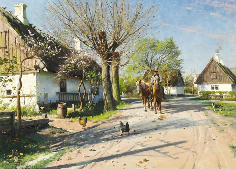 Monsted Peder Spring Day In Vallensb K The Horses Are Being Ridden Through The Village canvas print