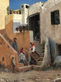 Monsted Peder Straßenszene aus Capri mit Frauen und Kindern auf einer Treppe 1884