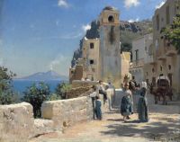 Monsted Peder Street View von Capri mit der Bucht von Neapel und einem rauchenden Vesuv in der Ferne 1885