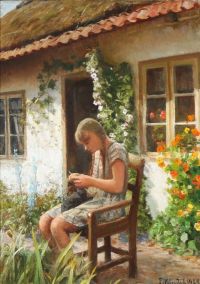 Monsted Peder Summer Day With A Young Girl Knitting In Front Of A Thatched Cottage 1939