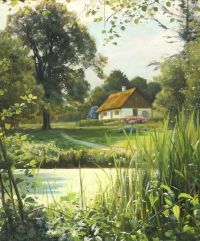 Monsted Peder Summer Landscape With A Thatched House At A Stream 1922