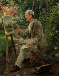 Monsted Peder Der Künstler sitzt an seiner Staffelei auf einem Gartenweg 1895