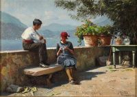 Monsted Peder Two Italians Enjoying The View Of Lake Come From Varenna 1921