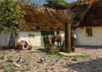 Monsted Peder View From A Courtyard With Horses Drinking Water From A Well 1923 canvas print