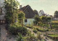 Monsted Peder View From Hjemb K In The Summertime With An Old Woman Watering Flowers 1924