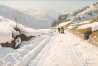 Monsted Peder Blick von Scuol in der Schweiz mit der Straße zwischen Ardez und Schuls an einem klaren Wintertag