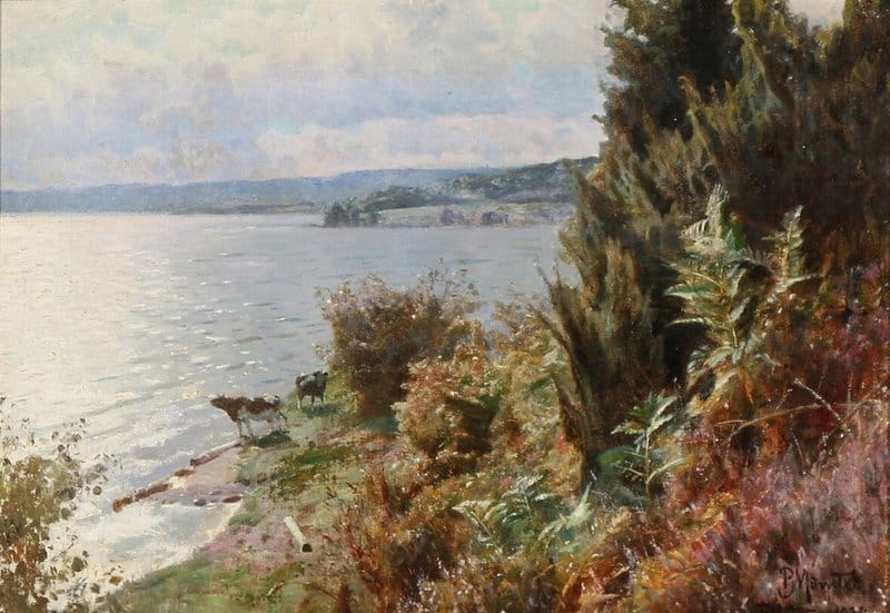 Monsted Peder View From Silkeborg With Two Cows At The Water S Edge 1934 canvas print