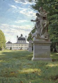 Monsted Peder Blick auf den Park von Schloss Fredensborg mit einer der Wiedewelt-S-Skulpturen im Vordergrund und dem Schloss im Hintergrund 1893