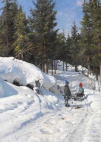 Monsted Peder Winterlandschaft von Fagernes in Norwegen mit Kindern Rodeln