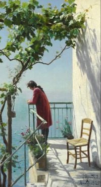 Monsted Peder Young Woman In Red Standing On A Sunny Balcony In The Shadow Of Vine