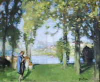 Montezin Pierre Promenade Au Bord Du Lac Ca. 1920 طباعة قماش