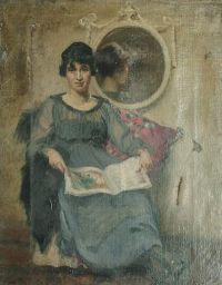 صورة موستين دوروثي كاملة الطول لسيدة جالسة تقرأ مجلة بمرآة بعد عام 1919
