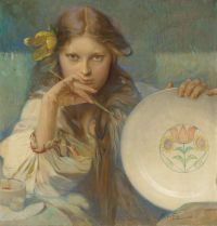 موتشا ألفونس فتاة مع لوحة عليها صورة قماشية عام 1920