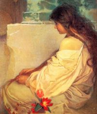 موتشا ألفونس فتاة ذات شعر فضفاض وتوليب 1902 مطبوعة على القماش