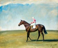 Munnings Alfred James A Bay Rennpferd mit Jockey in rosa und weiß gestreiften Farben in einer Landschaft