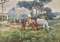 Munnings Alfred James Cattle Grazing Before Hay Wagons