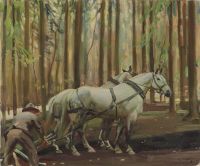 Munnings Alfred James Mann und Pferde, die Holz zeichnen